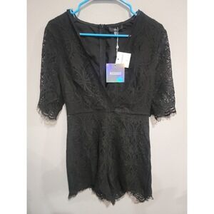 MISSGUIDED Premium Black Lace  Playsuit/Romper V-Neck Shorts UK 12/US Sz 8 NEW